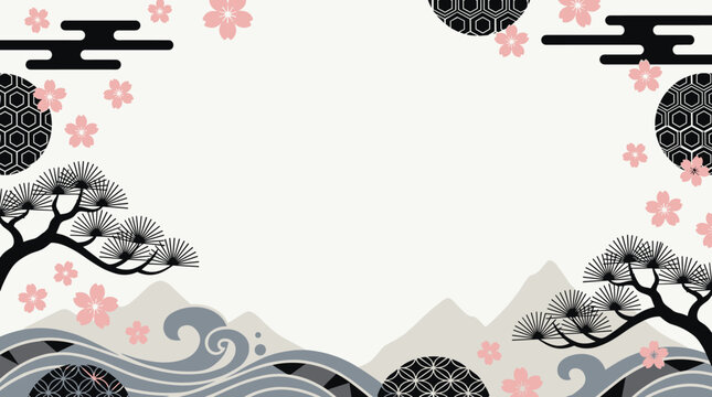 East asia style frame with cherry blossoms, pine trees, and rolling waves, traditional scenery elements for oriental border design, vector