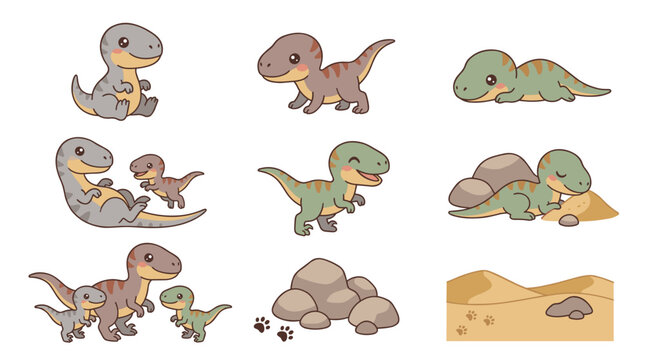Set of cute dinosaur characters showing playful baby reptiles, prehistoric creatures in different poses, natural earth tones, children illustration