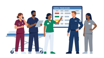 Obraz premium Medical team professionals collaborating in hospital, reviewing patient data charts, healthcare communication, clinical consultation, diverse doctors