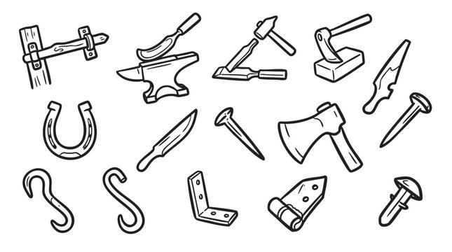 Set of blacksmith tools and metalworking equipment including anvil hammer and horseshoe.