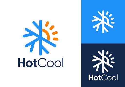 hvac and sun logo. heating cooling snowflake conditioning vector design concept