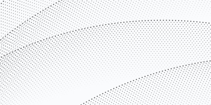 Abstract Dynamic Dotted Swirl on White Background. Minimalist Grey Particle Wave Flow Technology Background