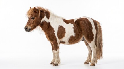 Shetland pony standing in studio portrait. Small brown and white spotted horse with long mane isolated on white background. © Abbas