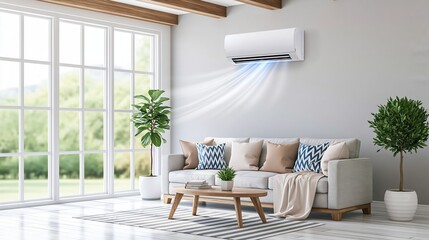 Fototapeta premium Contemporary living room interior design featuring a wall mounted air conditioner circulating cool air, ensuring optimal climate control and comfort