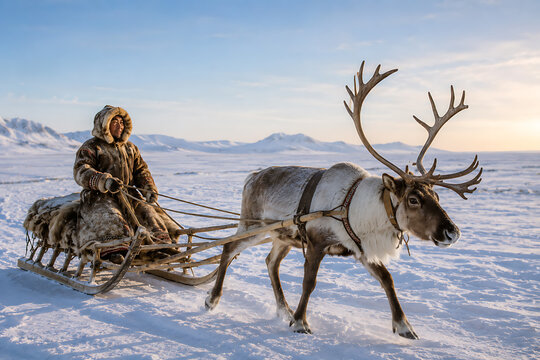 Indigenous Chukchi Man Herding Reindeer in the Arctic