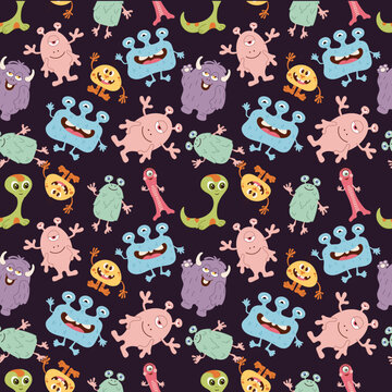 Seamless pattern with cute funny monsters and alien characters on dark background. Colorful friendly creatures ornament for kids fabric and wallpaper. Vector illustration.. 