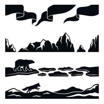 Black and white vector silhouette of arctic landscape with mountains, northern lights, polar bear, and wolf, perfect for wildlife badges