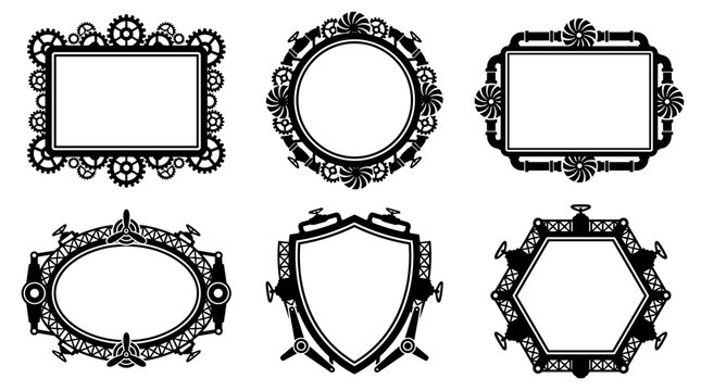 Set of six intricate steampunk frames with mechanical gears, cogs, and clockwork elements, black vector silhouettes for vintage design projects