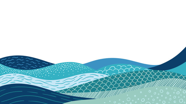 Abstract wavy landscape with layers of blue textured hills, decorative topography, flowing water streams, fluid curves for web backgrounds or print