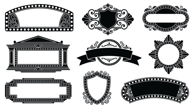 Set of vintage marquee frames and ornate borders in black silhouette, victorian style decorative labels, intricate scrollwork, wedding invitation