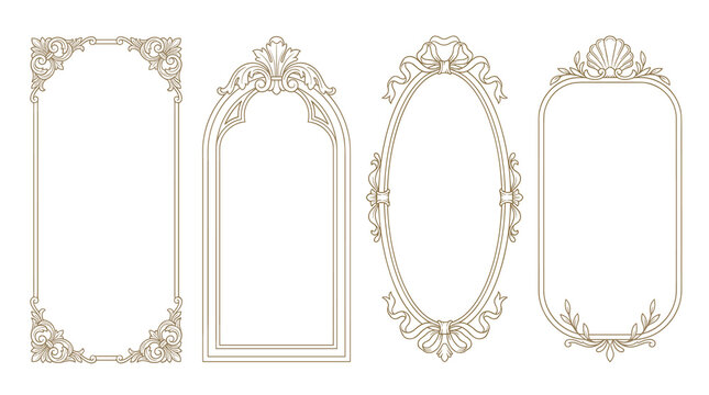 Set of baroque frame vector illustrations with ornate filigree and elegant scrollwork borders, perfect for vintage wedding invitations and luxury