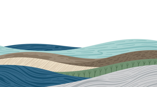 Abstract wavy vector hills with lined texture in blue green and beige tones, serene landscape pattern, perfect for modern surface design or