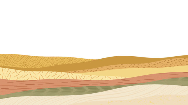 Abstract wavy landscape pattern with layered hills and rustic earth tones, cross hatched texture elements for natural terrain and environmental