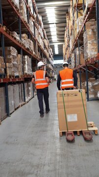 Logistics team managing inventory and moving stock in a large distribution center. A worker pulls a pallet jack while his colleague checks a list
