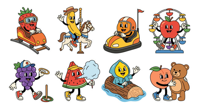 Set of retro mascot fruits enjoying amusement park rides, vibrant vintage style vector elements, fun summer carnival activities, food character