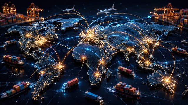 Illustration of a global trade network featuring a high tech map that highlights international shipping routes logistics and cargo movement across various continents and oceans including air and sea t