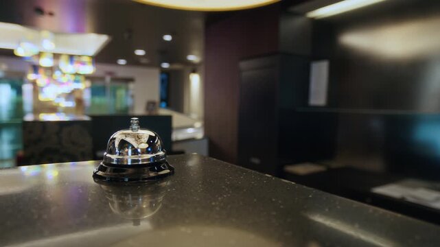 Close up of male hand ringing service bell on hotel reception desk, prompting blurred female receptionist to approach with smile. Ideal for hospitality service and customer care concepts