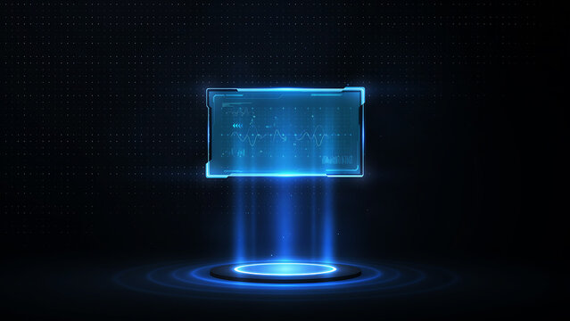 Glowing blue digital interface frame with futuristic light projection on a dark background
