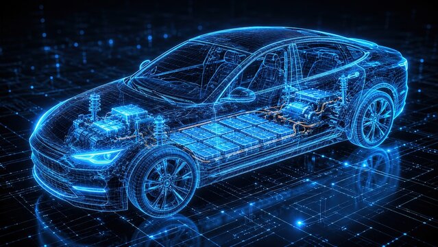 Innovative electric vehicle design featuring a transparent chassis that reveals intricate internal mechanisms and cutting edge technology set in a digital landscape showcasing the future of automotive