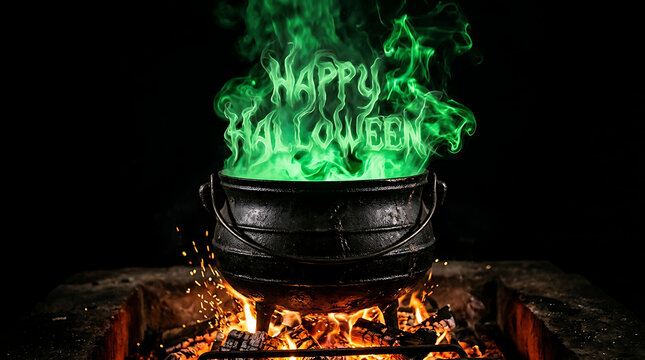 A black iron cauldron sitting over a campfire with magical green smoke forming the words happy halloween against a dark background