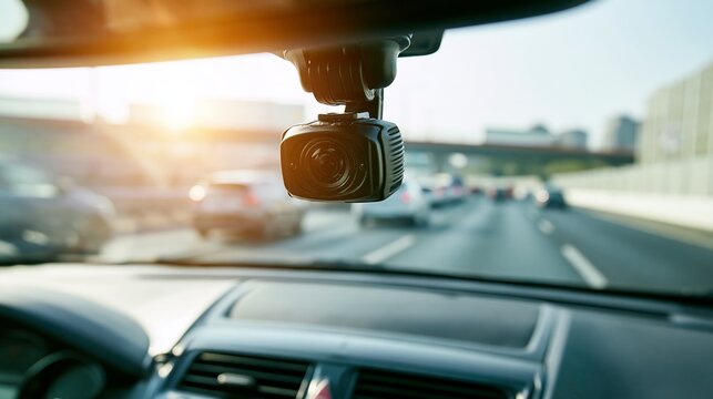 Dashboard camera mounted on a car windshield, continuously recording multi lane highway traffic under bright daylight, documenting road events