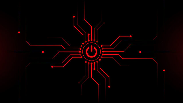 Red glowing power button symbol connected to digital circuit lines on a dark black background