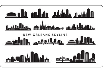 Collection of new orleans skyline silhouettes featuring iconic buildings, bridges, and landmarks in black on a white background © Shaidul