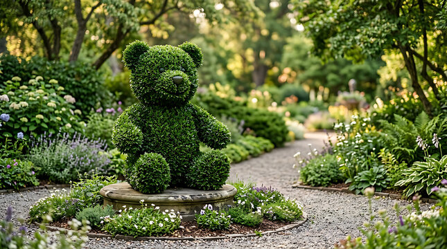 Bear Shaped Topiary in a Lush Botanical Garden