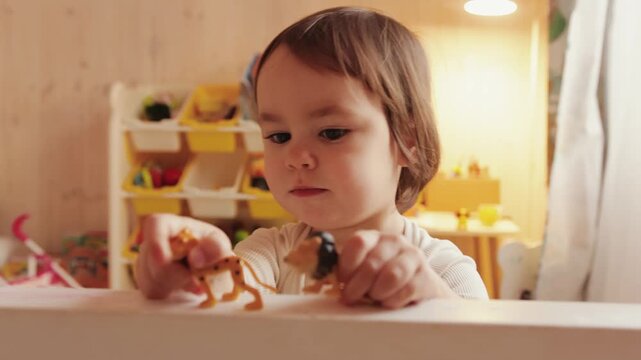 Little girl exploring small toys with focused attention during indoor play at home