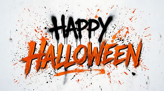 Happy halloween text with black spray paint and orange brush strokes on white wall background