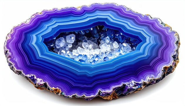 A vibrant agate slice with concentric bands of purple, blue, and white crystals