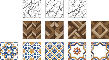 Fototapeta premium Decorative Seamless Pattern Collection with Marble Textures, Wooden Parquet Floors, Portuguese Ceramic Tiles, and Elegant Vector Surface Designs