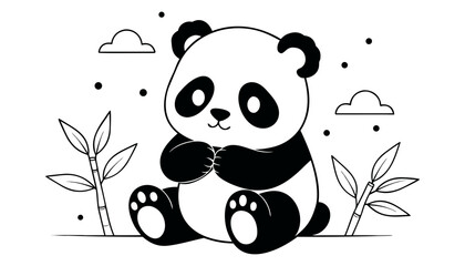 Happy panda bear sitting in bamboo forest scene coloring page for kids cute black white line art illustration vector character with clouds background for print educational. © Riazhasan444
