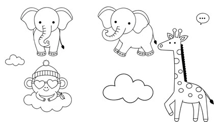 Cute animals set with elephants monkey and giraffe including clouds speech bubble icons in doodle style vector illustration for children coloring book project pages.