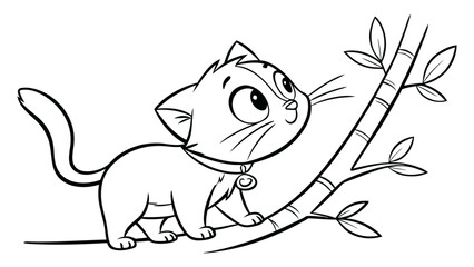 Small kitten climbing on tree branch line art drawing for kids coloring pages cute feline character vector illustration isolated on transparent background creative art.