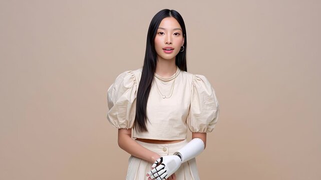 Elegant woman with prosthetic arm in minimalist fashion