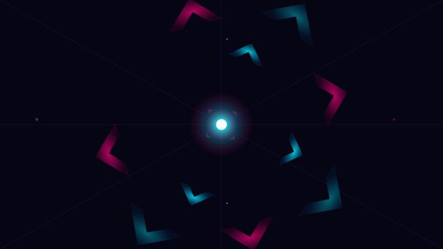 Abstract neon arrow HUD rotating around a central glowing light source.