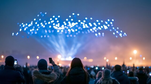Crowd of spectators recording a synchronized drone light show with smartphones. Bright blue lights forming patterns in the dark sky