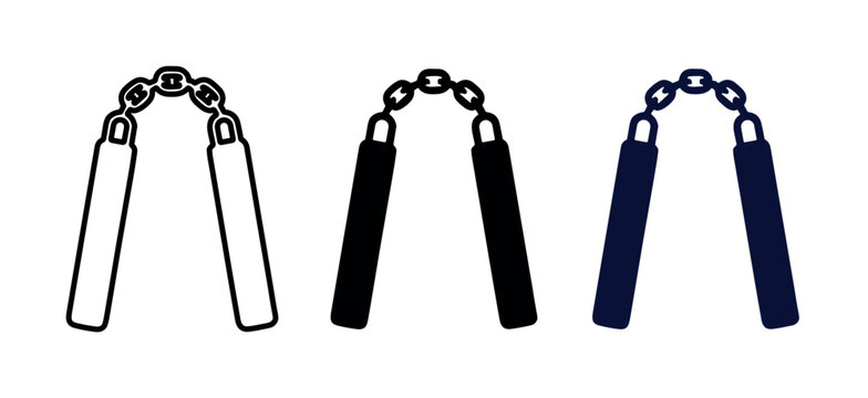 Three distinct nunchaku icons are displayed in a row, featuring outline, solid black, and dark blue fill variations on a white background
