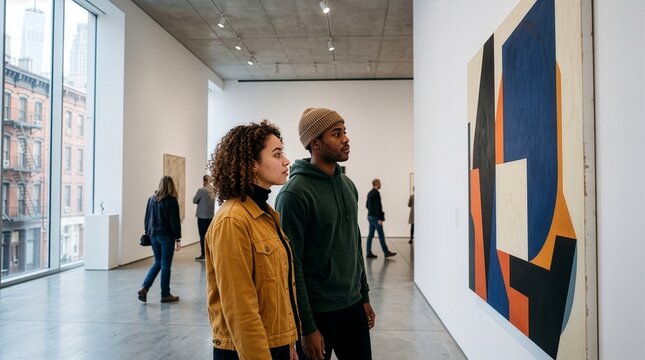 Young couple contemplating abstract painting in modern art gallery with painting exhibition appreciating abstract interior