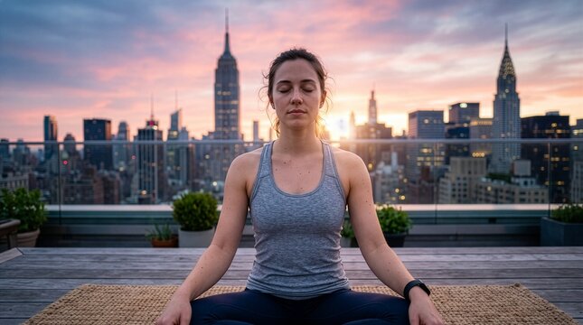 Young woman practicing yoga in lotus position on a rooftop overlooking the new york city skyline at sunset with meditation, mindfulness