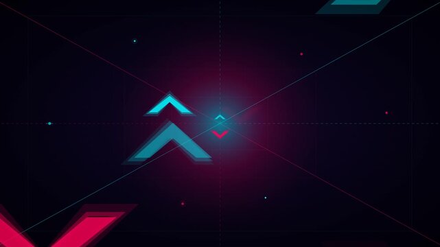 Abstract sci-fi HUD background with glowing blue and red chevron arrows moving in digital space