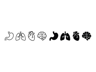 Naklejka premium Human internal organs icon set, 8 medical vector elements featuring brain, heart, lungs and stomach, minimalist black and white anatomy symbols for healthcare