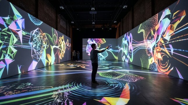 Person interacting with immersive digital art projection in a modern dark gallery space immersive projection interactive exhibition