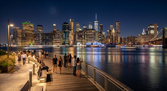 People strolling on waterfront promenade at night with city skyline lights waterfront promenade architecture buildings lifestyle