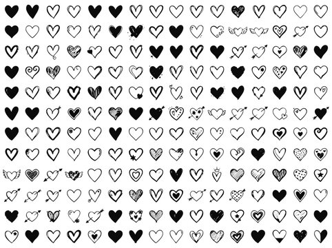 Hand drawn heart icons set, black ink doodle hearts collection, 240 sketch vector elements for wedding and valentine design