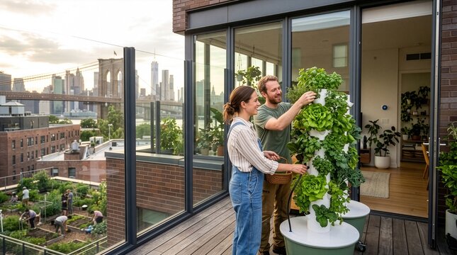 Couple tending to vertical hydroponic garden on urban rooftop terrace with city skyline background hydroponics gardening agriculture
