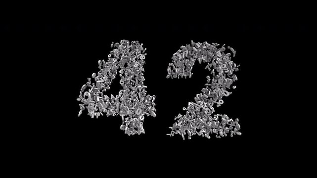 Number 42 Formed by Small Digits Animation with Alpha Channel. Typographic Number Formation Effect. Digital Number Made of Numbers. 3D Font Typographic Animation. Transparent BG