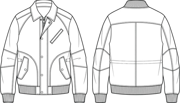 Men's Bomber Jacket Technical Flat Sketch Front and Back Fashion CAD Line Drawing