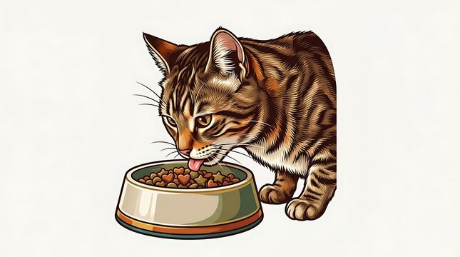 Brown tabby cat eating dry kibble from a food bowl